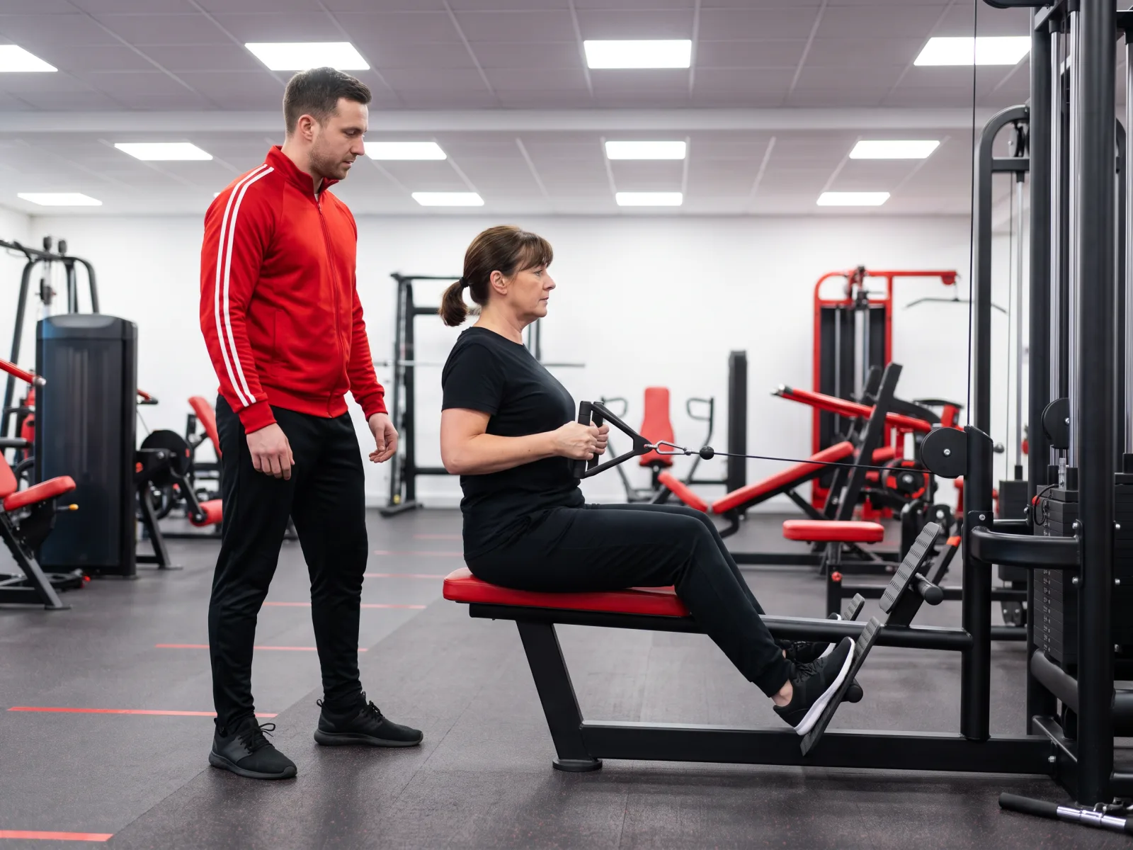 Ein Trainer in roter Jacke assistiert einer Frau an einem Rudergerät im Fitnessstudio in Lübeck.