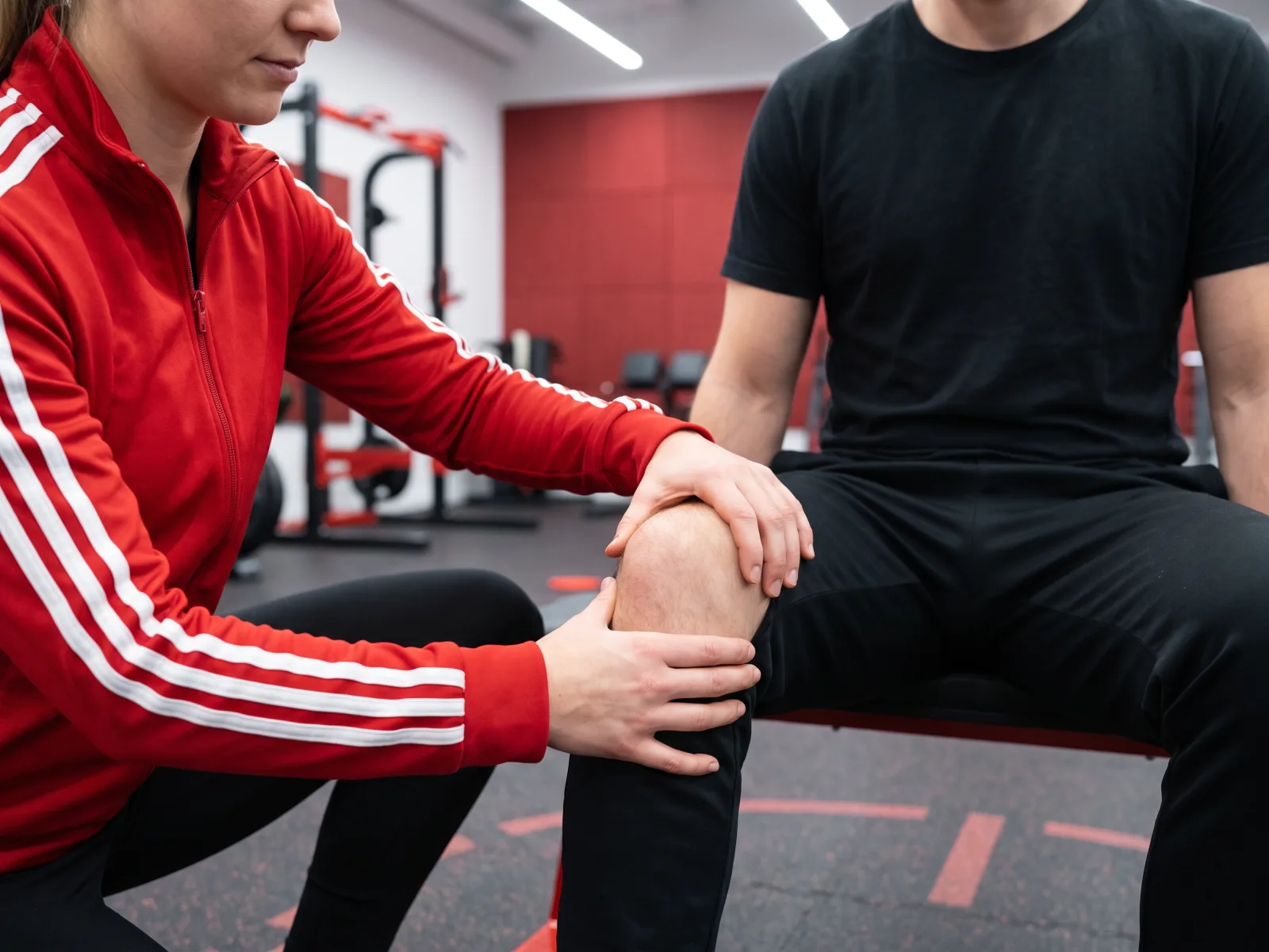 Trainer in roter Jacke untersucht das Knie eines Klienten im Fitnessstudio mit Physiotherapie Lübeck.