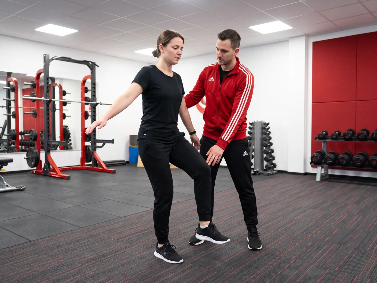 Trainer unterstützt Kundin bei Balance-Übung im modernen Fitnessstudio für Physiotherapie in Lübeck.