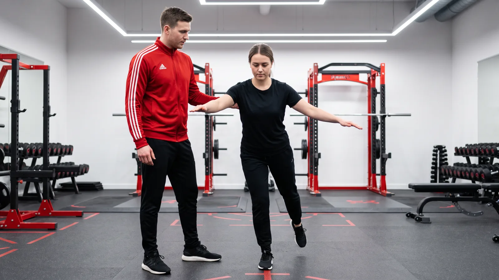 Trainer unterstützt eine Frau bei einer Balanceübung zur effektiven Prävention von Sportverletzungen im Fitnessstudio.