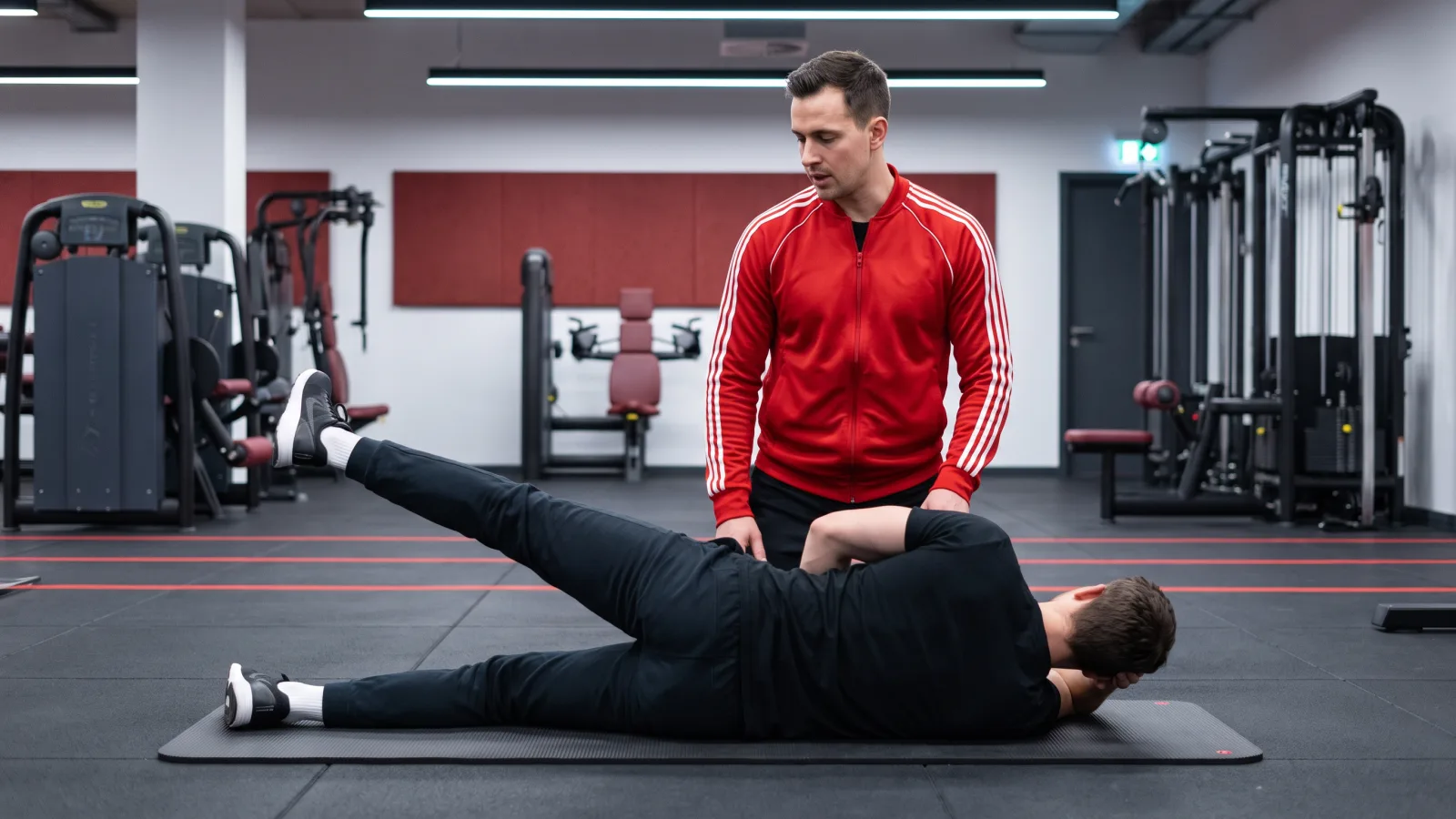 Ein Trainer leitet eine Person bei einer Übung zur Linderung von Seitliche Hüftschmerzen an.