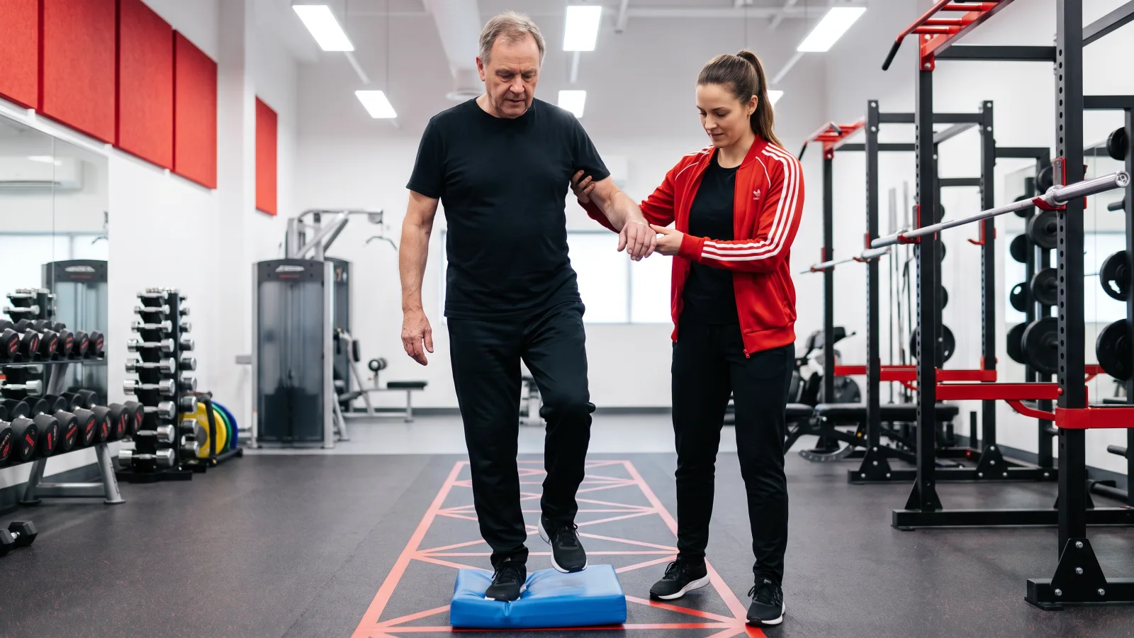 Was ist Parkinson Physiotherapie: Ein Physiotherapeut unterstützt einen älteren Mann bei Gleichgewichtsübungen, um zu zeigen, was Parkinson Physiotherapie beinhaltet.