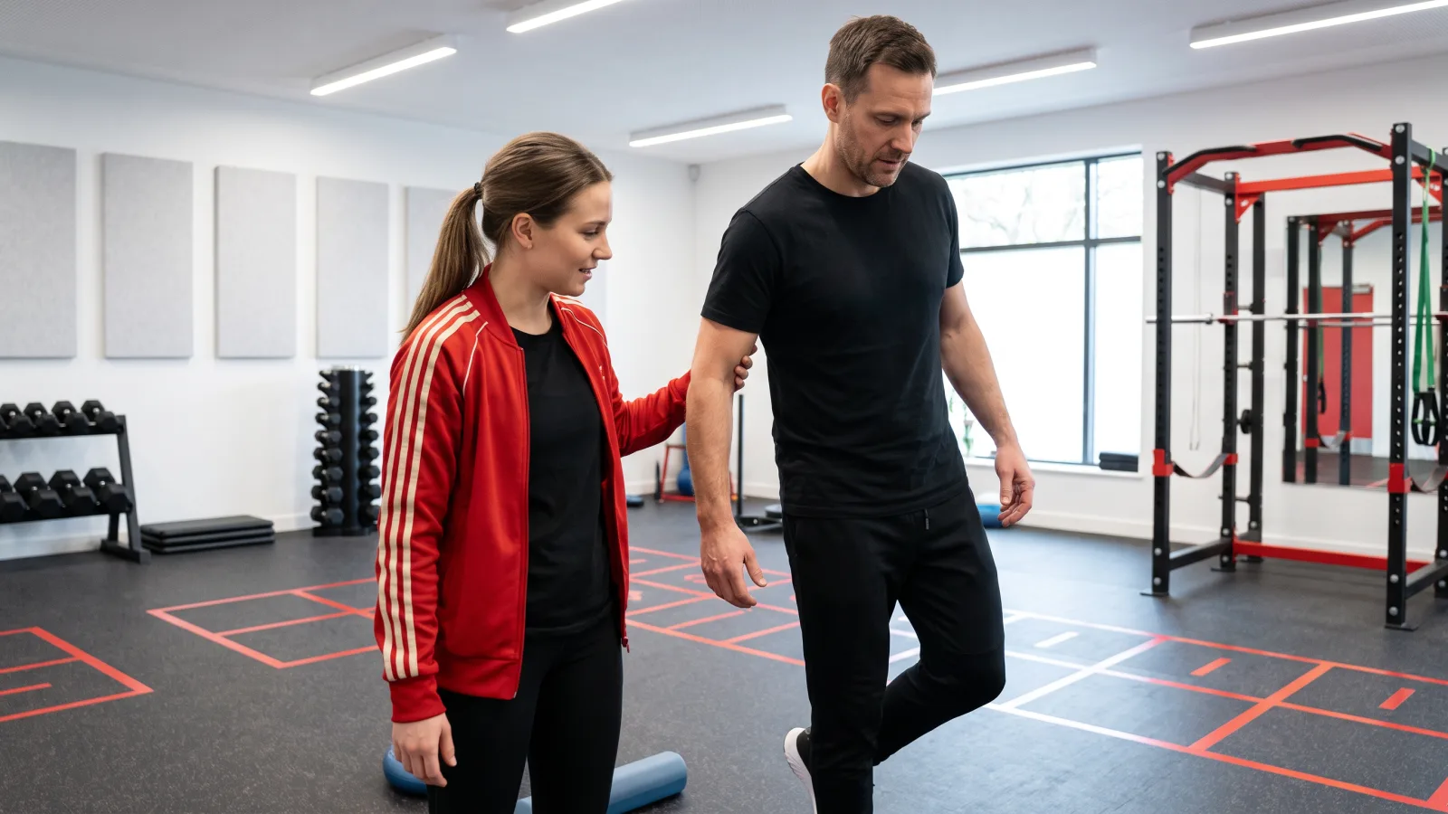 Eine Therapeutin unterstützt einen Mann bei Gleichgewichtsübungen in der Neurophysiotherapie.