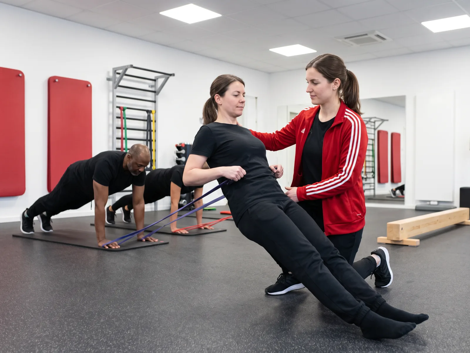 Trainerin unterstützt Frau bei Widerstandsband-Übung, Männer machen Planks im Gruppentraining.