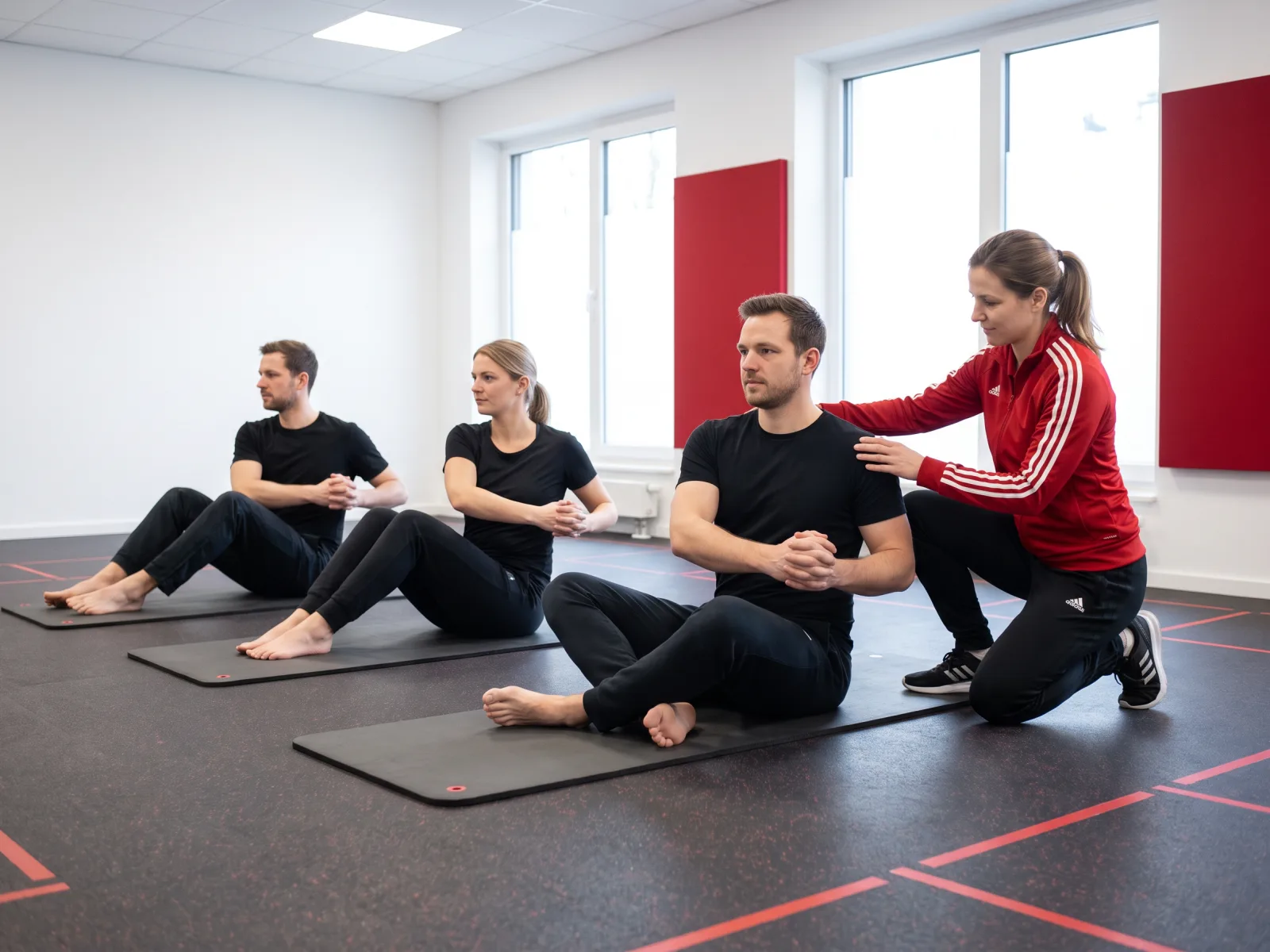 Vier Personen beim Gruppentraining: Eine Trainerin korrigiert einen Mann bei einer Rumpfübung.