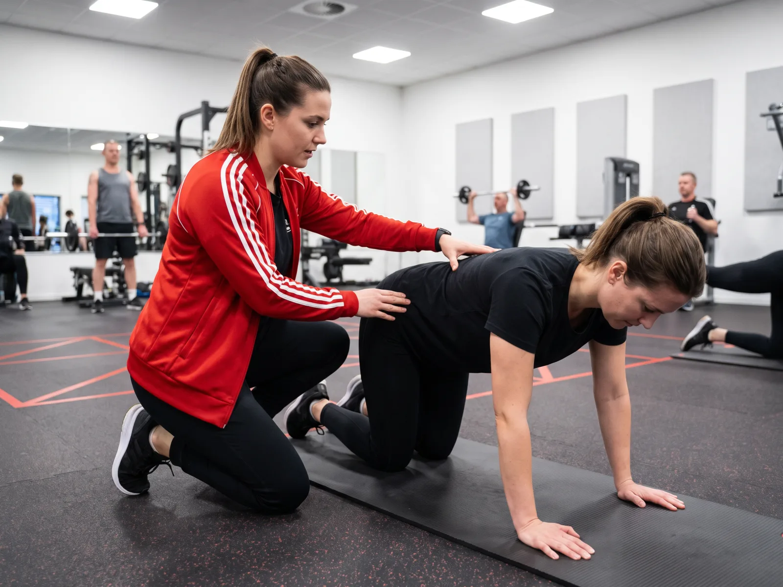 Eine Trainerin in roter Jacke korrigiert die Haltung einer Klientin beim Gruppentraining im Fitnessstudio.