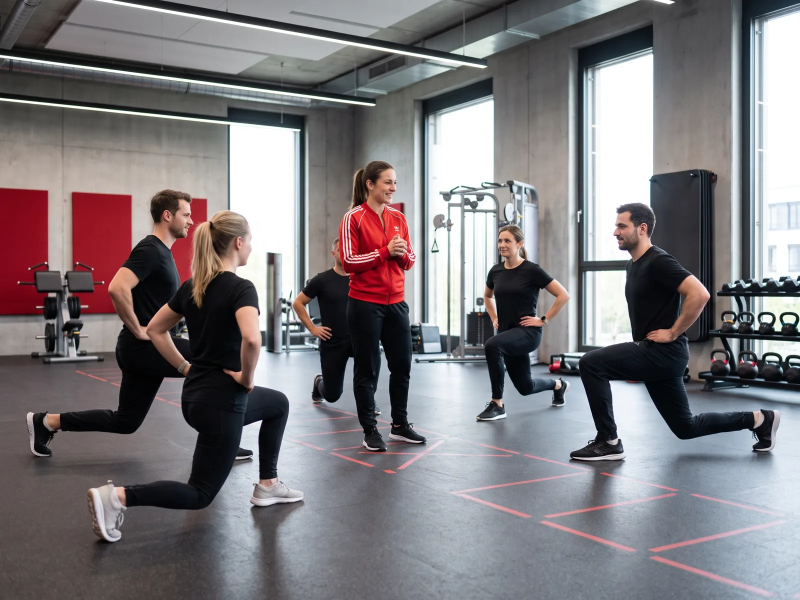 Eine Gruppe von fünf Personen macht Ausfallschritte unter Anleitung einer Trainerin in einem modernen Fitnessstudio.