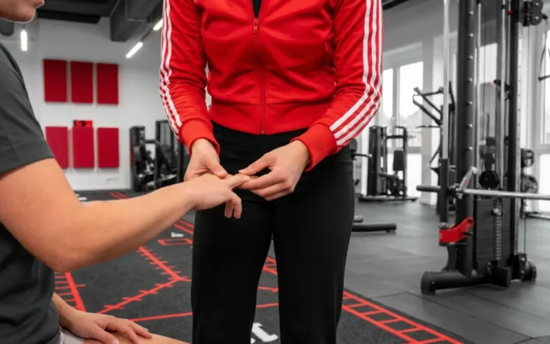 Eine Physiotherapeutin mit roter Jacke untersucht den Finger eines Patienten in einem modernen Fitnessstudio.