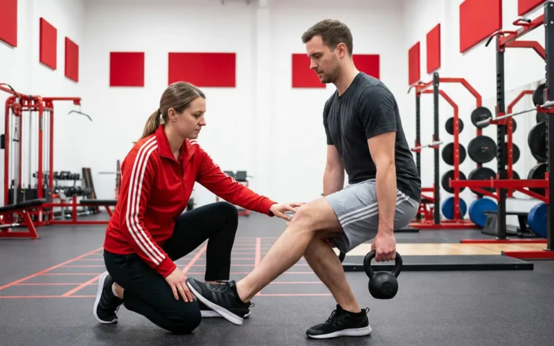 Physiotherapeutin hilft Mann bei Knieübung mit Kettlebell im Fitnessstudio für Gonalgie Physiotherapie.