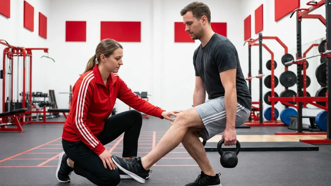 Physiotherapeutin hilft Mann bei Knieübung mit Kettlebell im Fitnessstudio für Gonalgie Physiotherapie.