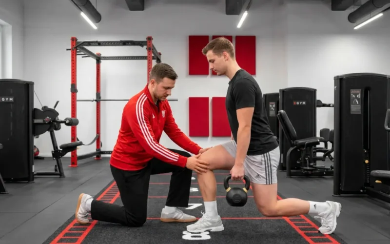 Trainer unterstützt einen Mann bei Knie-Physiotherapie Übungen mit einer Kettlebell in einem modernen Fitnessstudio.