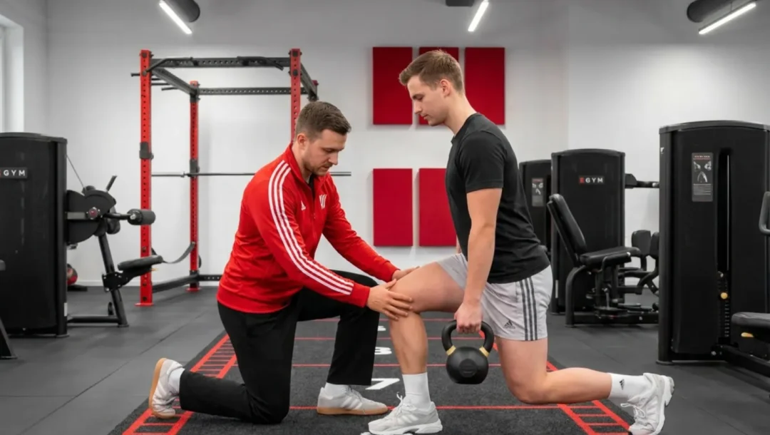 Trainer unterstützt einen Mann bei Knie-Physiotherapie Übungen mit einer Kettlebell in einem modernen Fitnessstudio.
