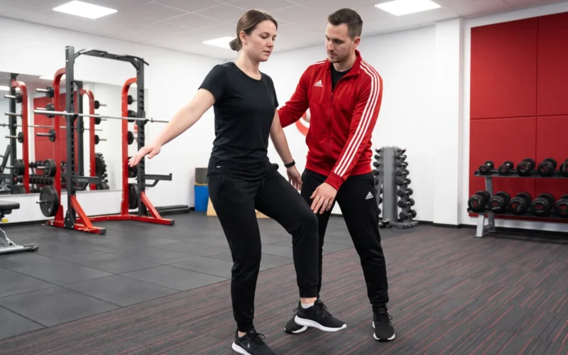 Trainer unterstützt Kundin bei Balance-Übung im modernen Fitnessstudio für Physiotherapie in Lübeck.