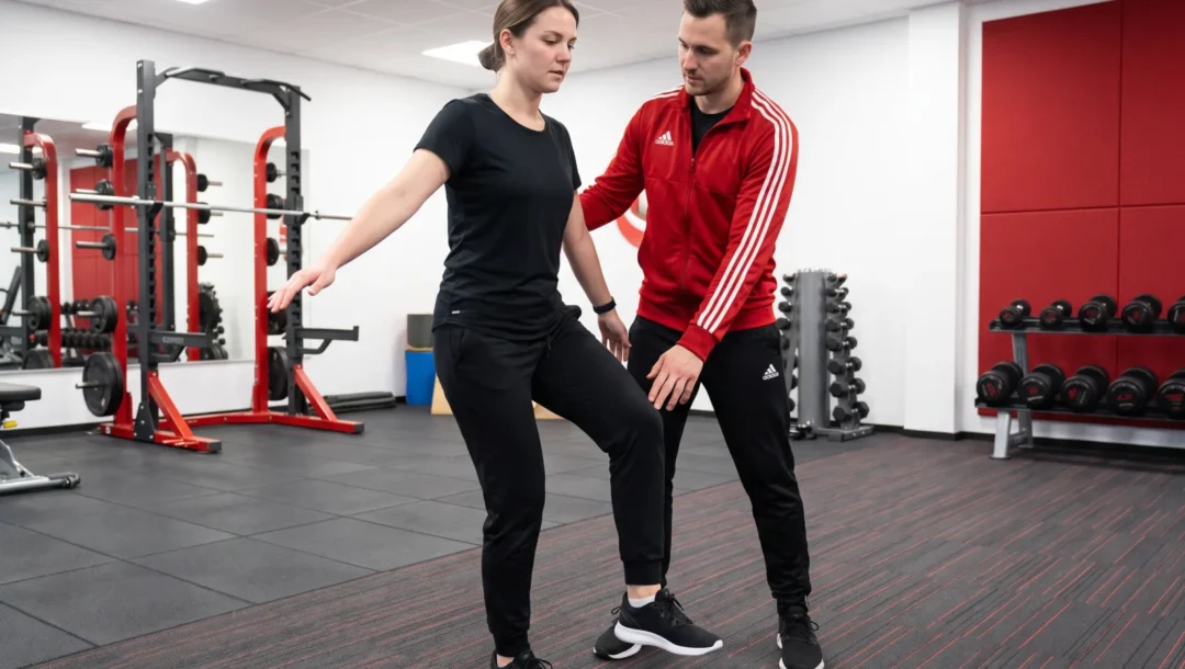 Trainer unterstützt Kundin bei Balance-Übung im modernen Fitnessstudio für Physiotherapie in Lübeck.