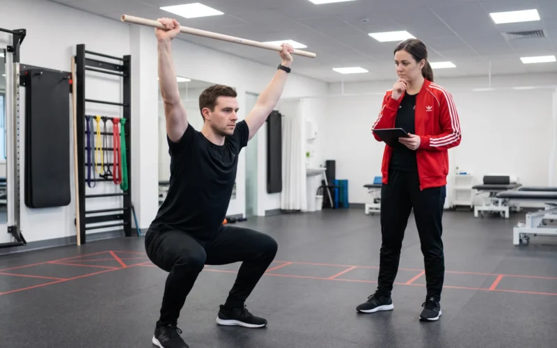 Ein Mann macht eine Überkopf-Kniebeuge mit einem Stab, beobachtet von einer Physiotherapeutin in einem Fitnessraum. Physiotherapie und Training kombiniert.