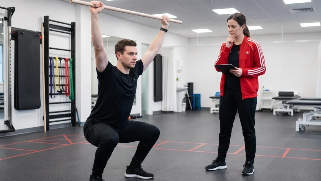 Ein Mann macht eine Überkopf-Kniebeuge mit einem Stab, beobachtet von einer Physiotherapeutin in einem Fitnessraum. Physiotherapie und Training kombiniert.