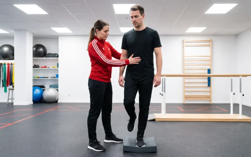 Bedeutung von KG ZNS: Physiotherapeutin hilft einem Mann bei Gleichgewichtsübungen auf einer Plattform in einer modernen Praxis.