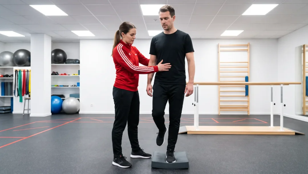 Bedeutung von KG ZNS: Physiotherapeutin hilft einem Mann bei Gleichgewichtsübungen auf einer Plattform in einer modernen Praxis.